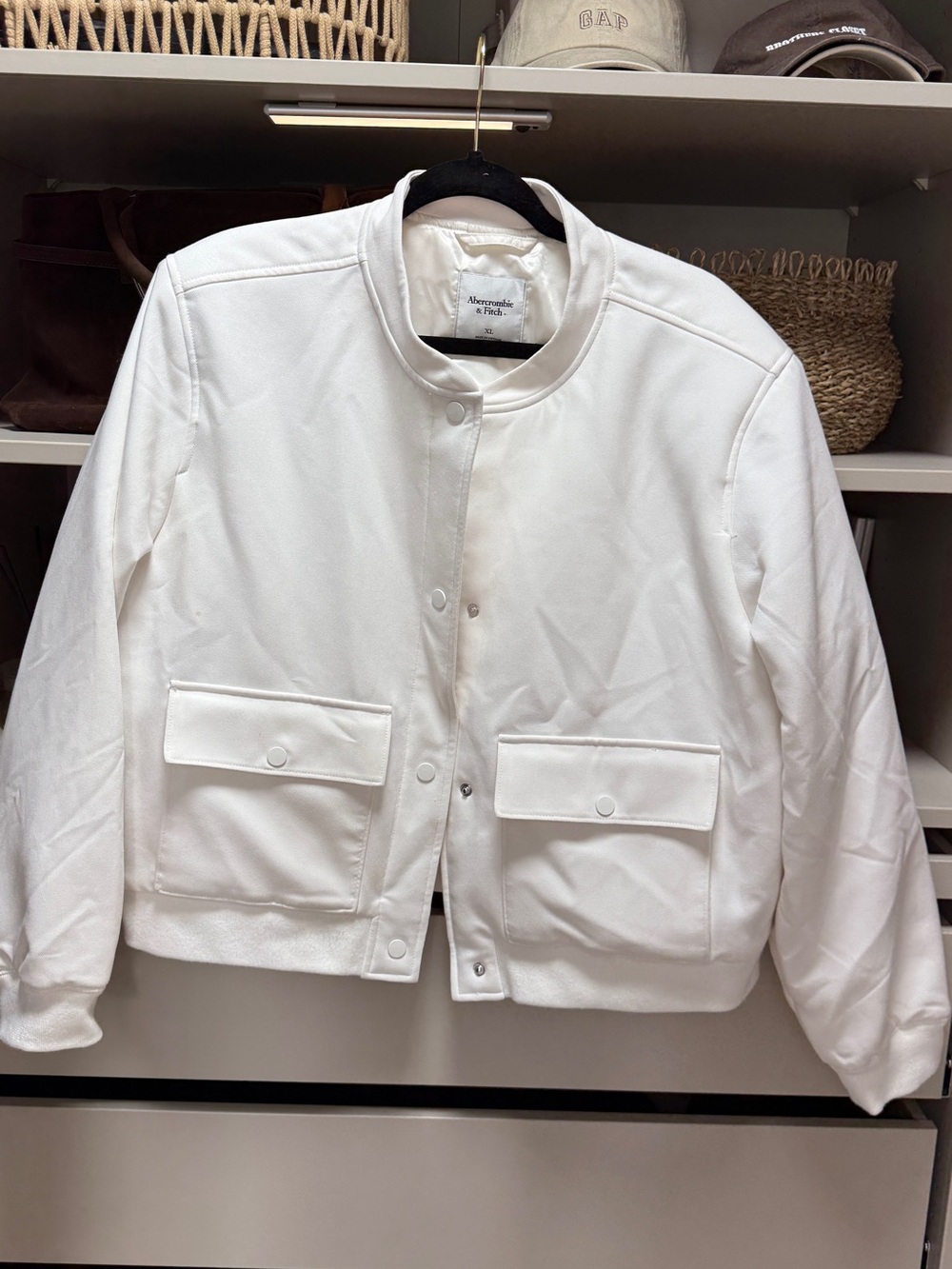 Abercrombie & Fitch Women's White Snap-Front Bomber Jacket - Clean Minimalist
